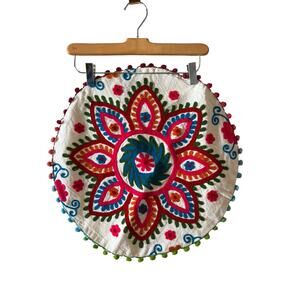 Round bright Boho embroidered pillow cover
